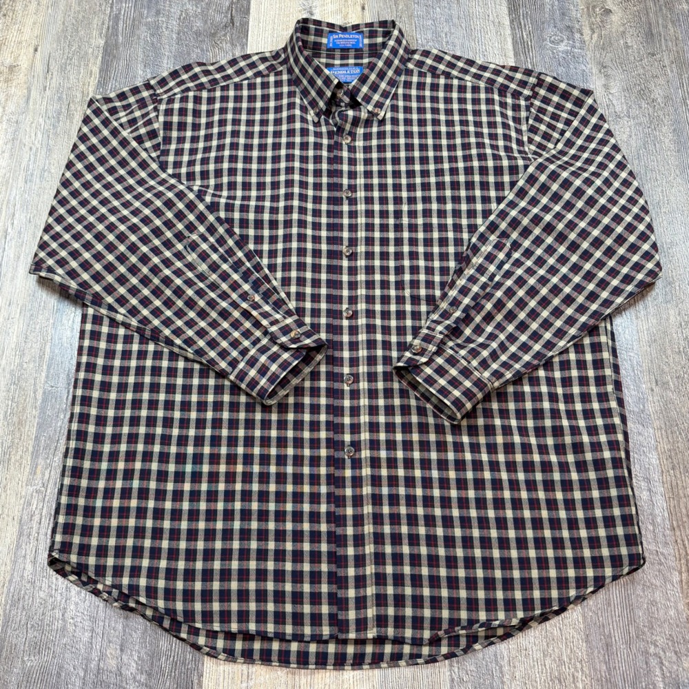 Sir Pendleton Mens XL Wool Plaid Button Down Shirt Navy Tan Red Long Sleeve